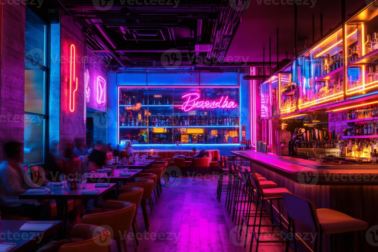 Trendy bar interior design with neon lights illuminating customers enjoying drinks photo