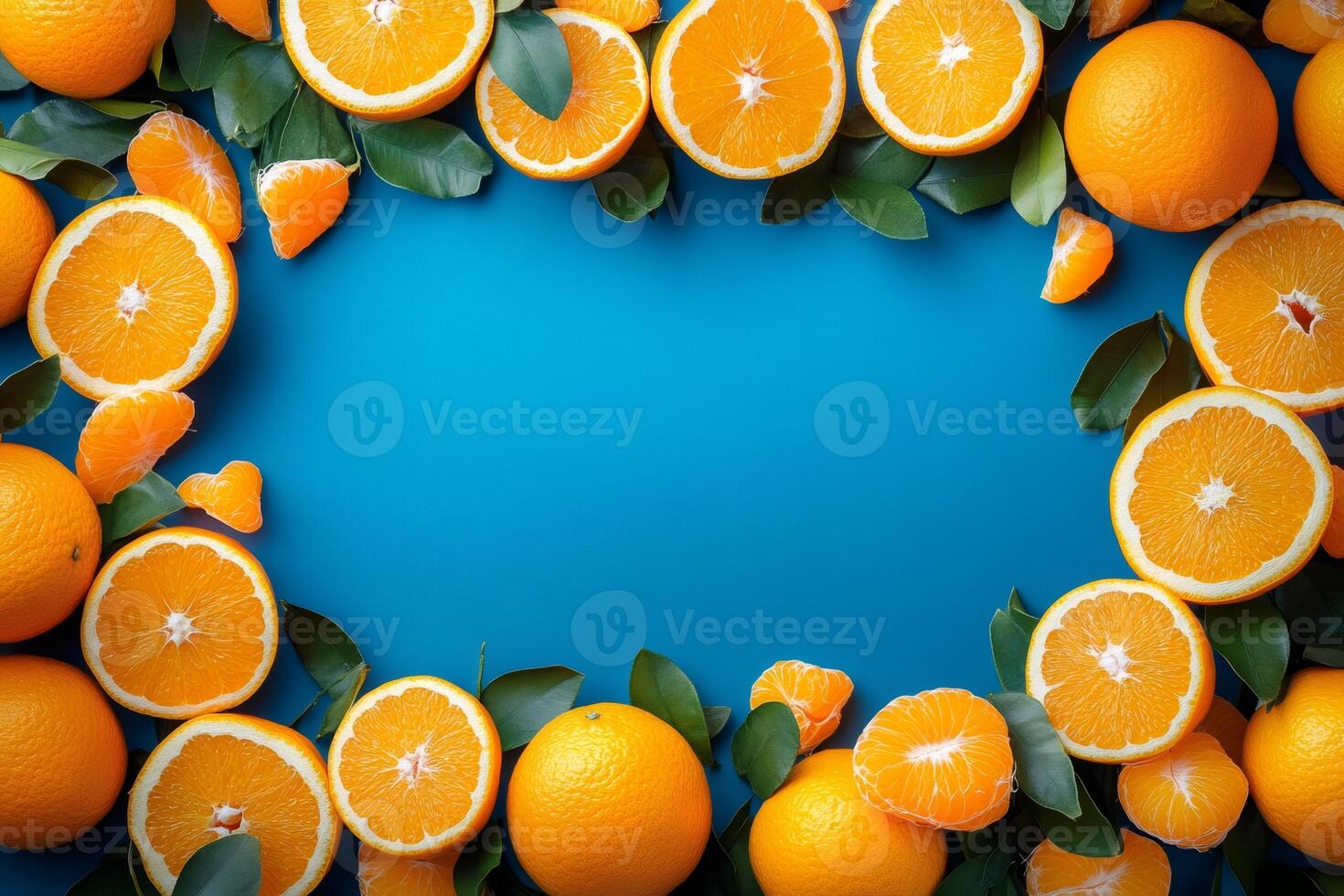 Fresh oranges and tangerines creating a frame on blue background photo
