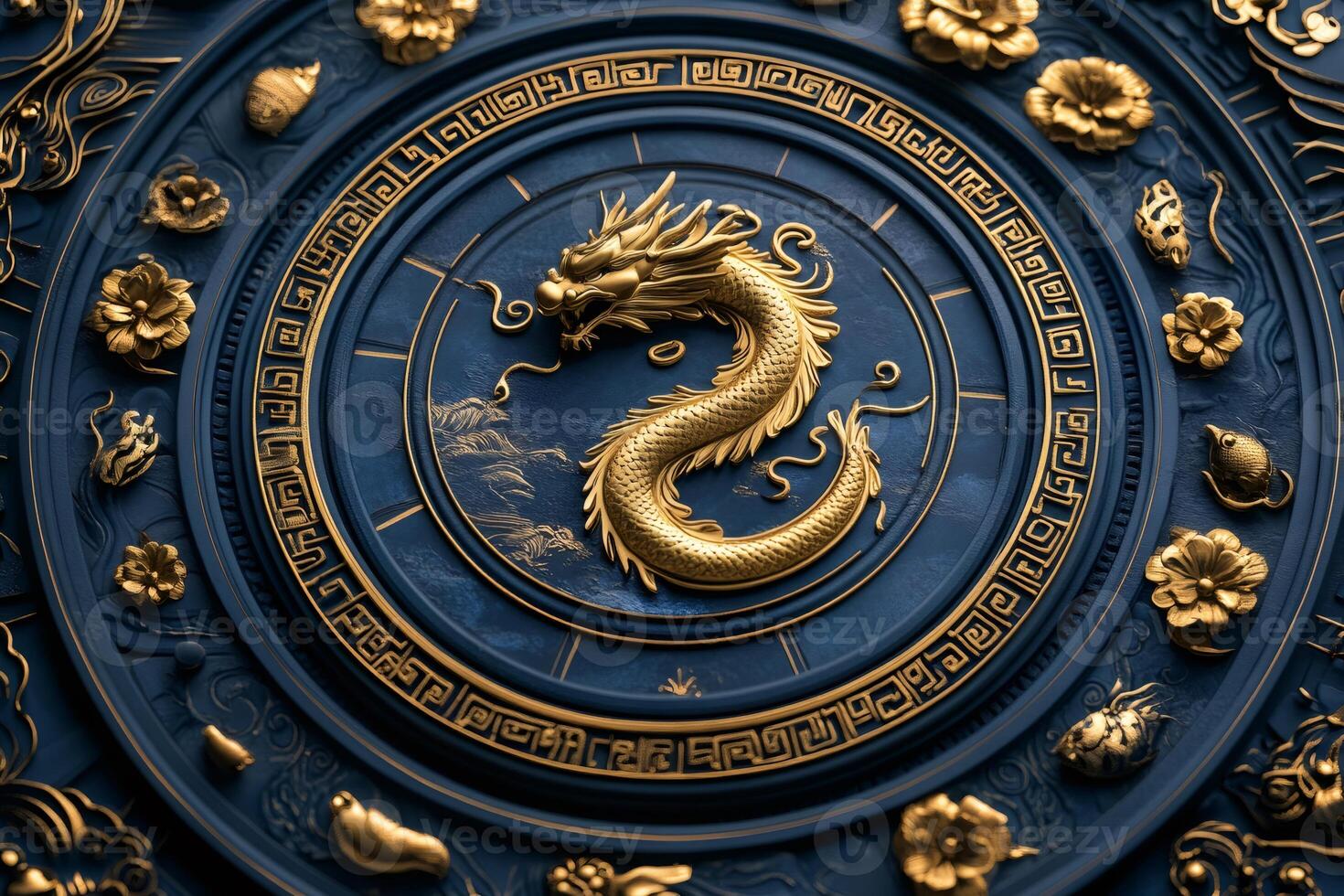 Golden dragon embellishing traditional blue chinese shield photo