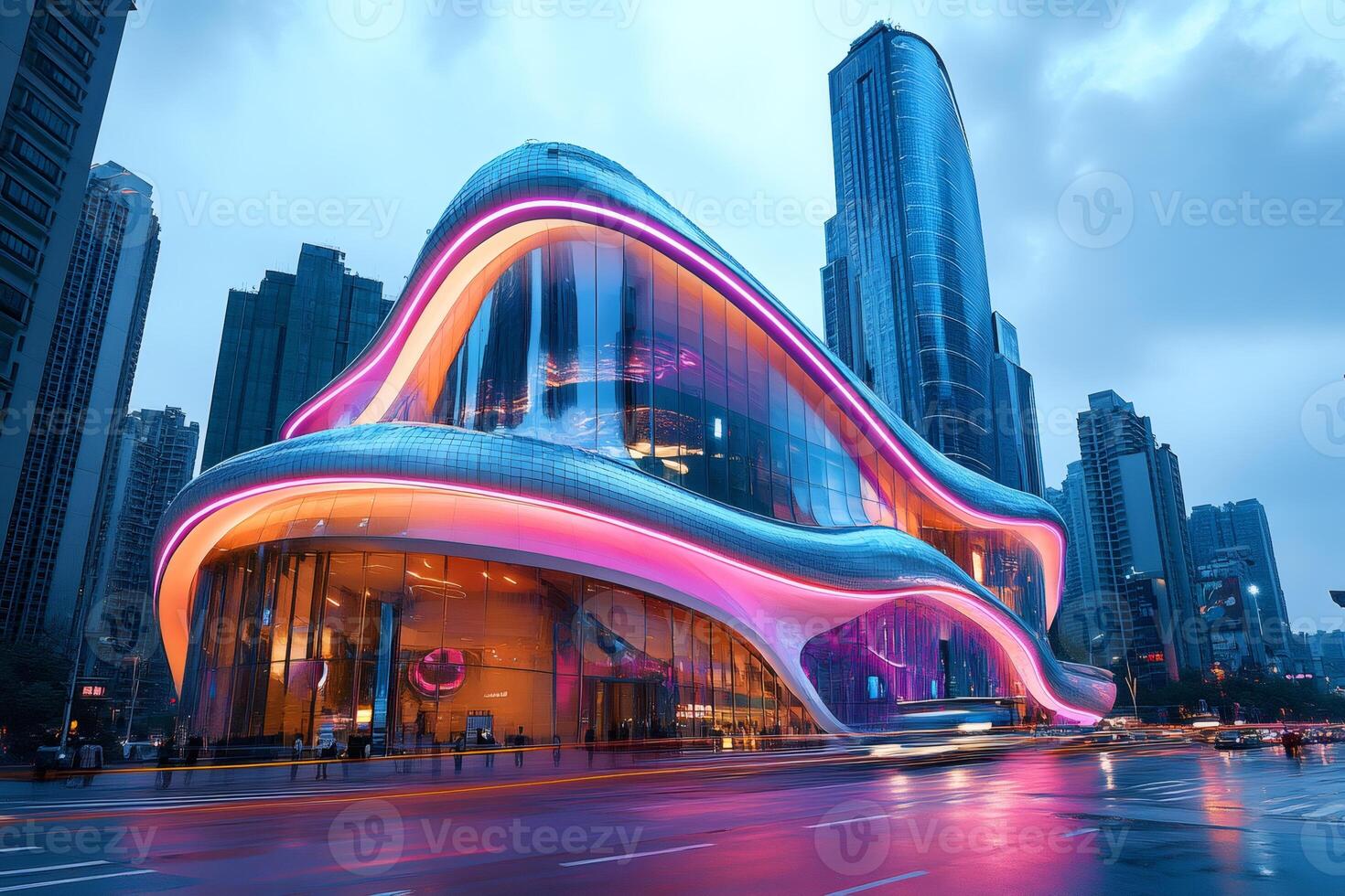 Modern architecture illuminating chongqing's skyline at dusk photo