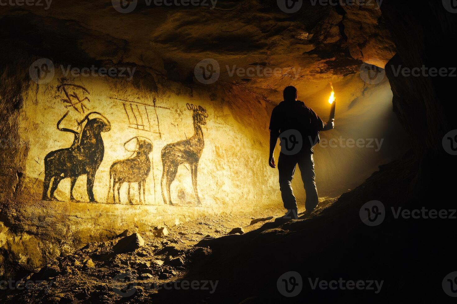 Explorer discovering ancient cave paintings with torchlight photo