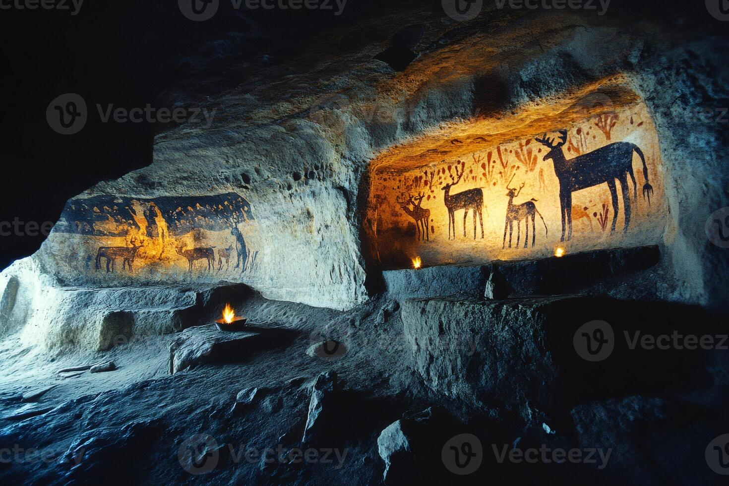 Cave paintings of lascaux showing deer and bulls illuminated by torches photo