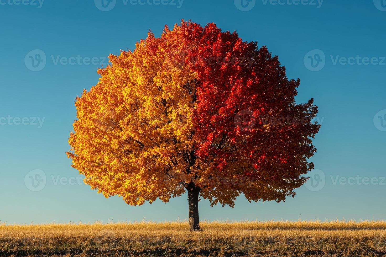 Lonely colorful tree growing in harvested field during autumn season photo