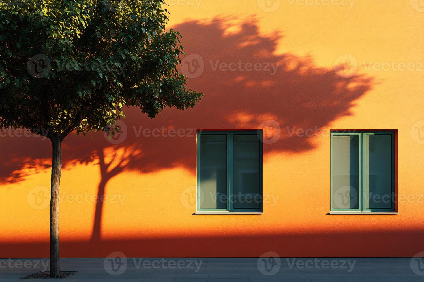 Tree casting shadow on orange wall with windows at sunset photo