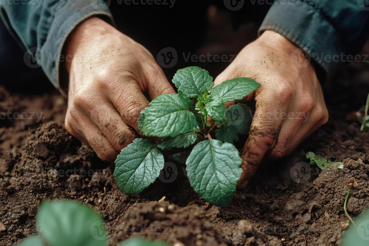 Farmer planting a young seedling in fertile soil photo