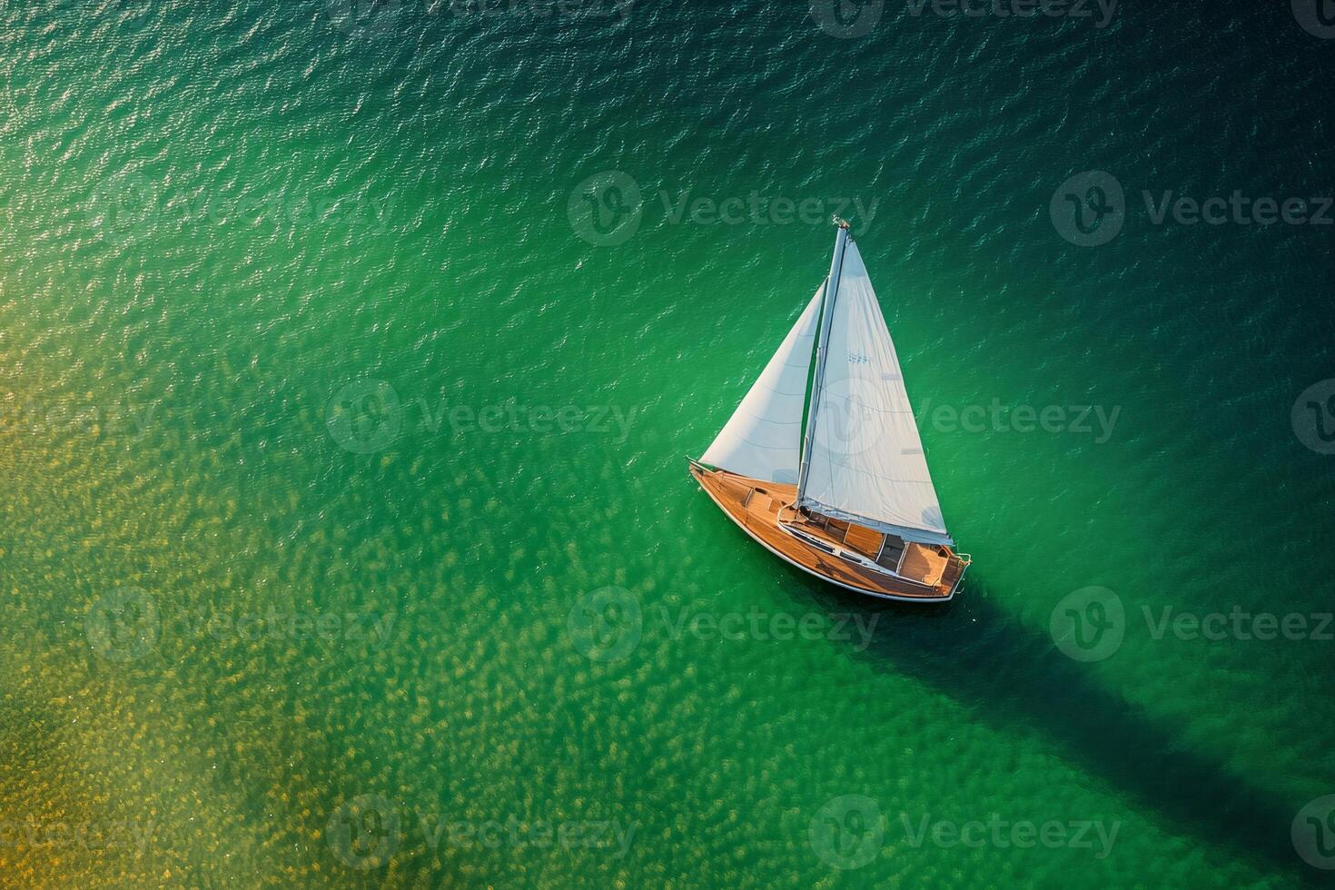 Sailing boat navigating on calm turquoise water in summer photo