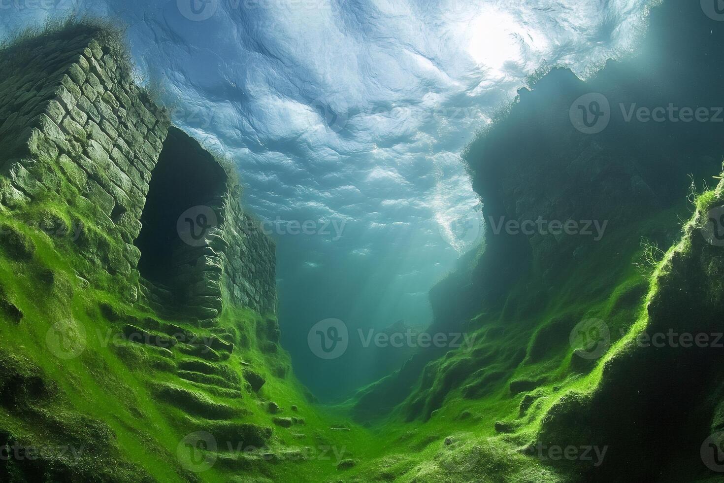 Submerged ancient ruins covered in vibrant green algae photo