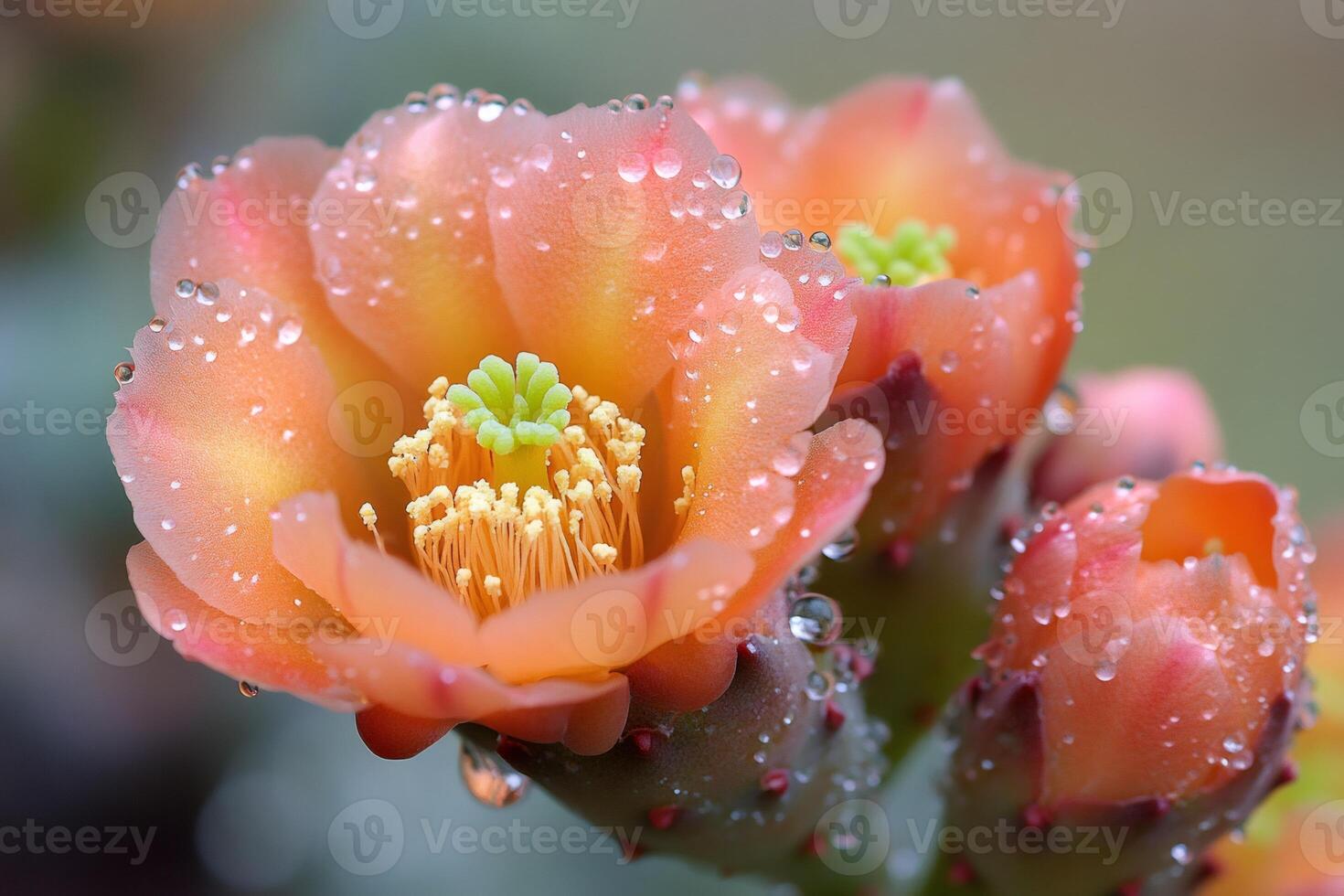 Peach-colored cactus flower blooming with water droplets photo