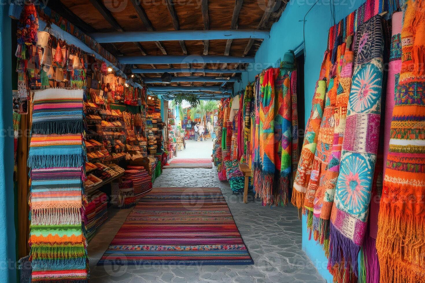 Colorful mexican blankets and rugs decorating a shop in a traditional market photo