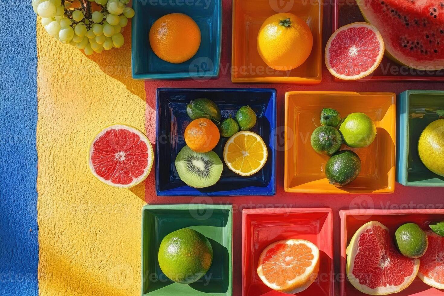 Colorful citrus fruits, kiwi and grapes arranged on ceramic plates creating a vibrant and healthy display photo