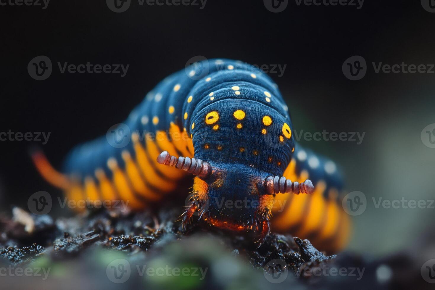 Striking blue and yellow caterpillar crawling on dark ground photo