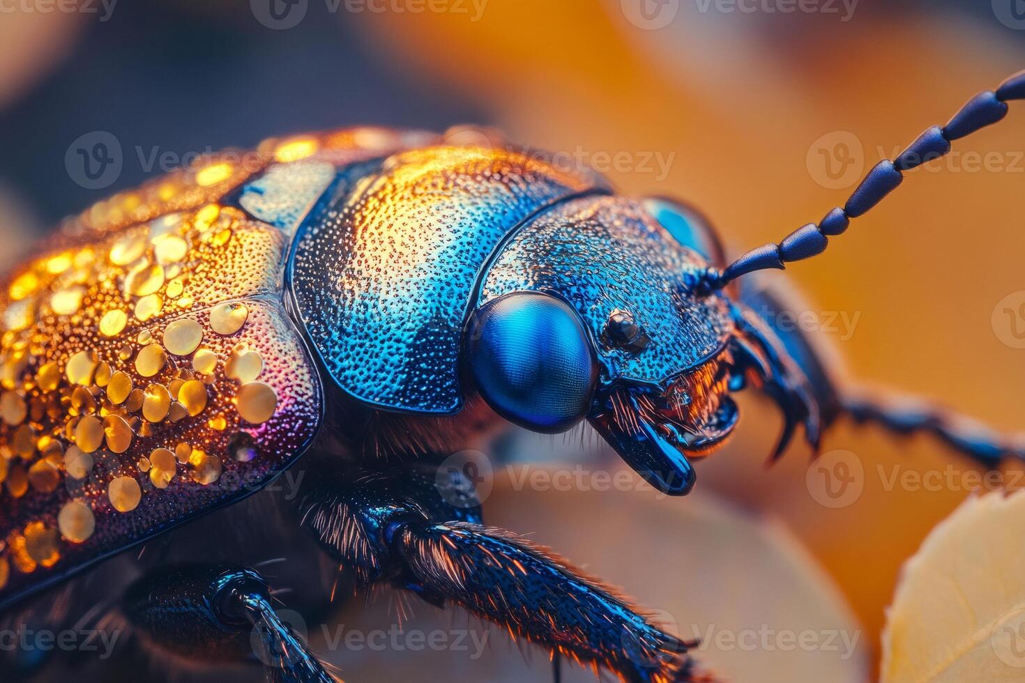 Metallic ground beetle showing iridescent colors and gold spots in extreme close-up photo