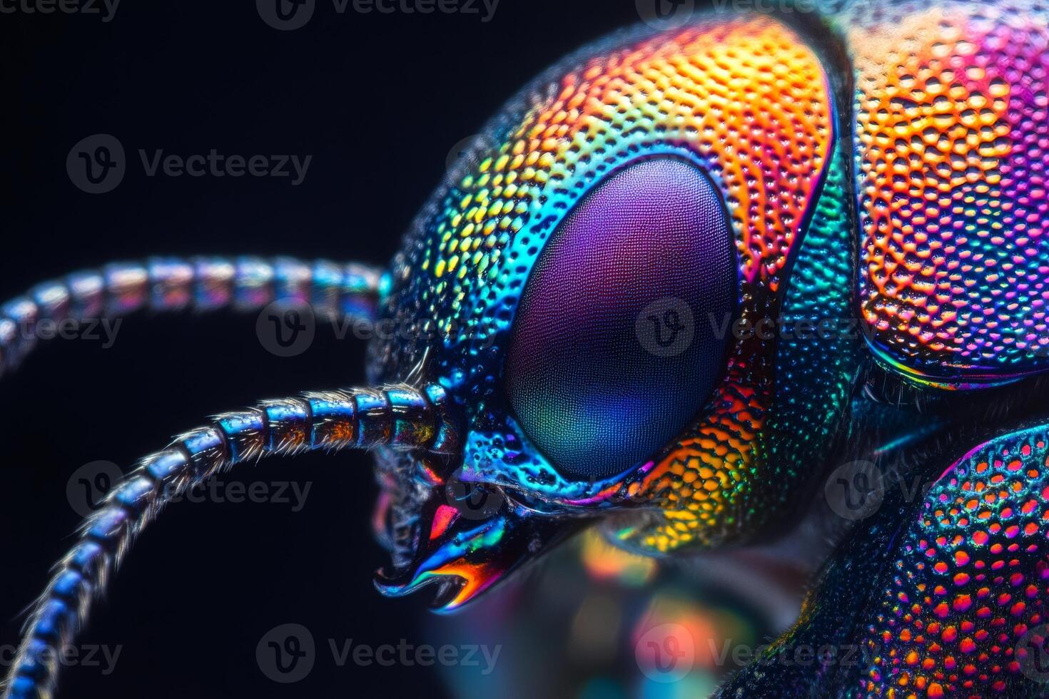 Iridescent jewel beetle showing rainbow colors in extreme close-up photo