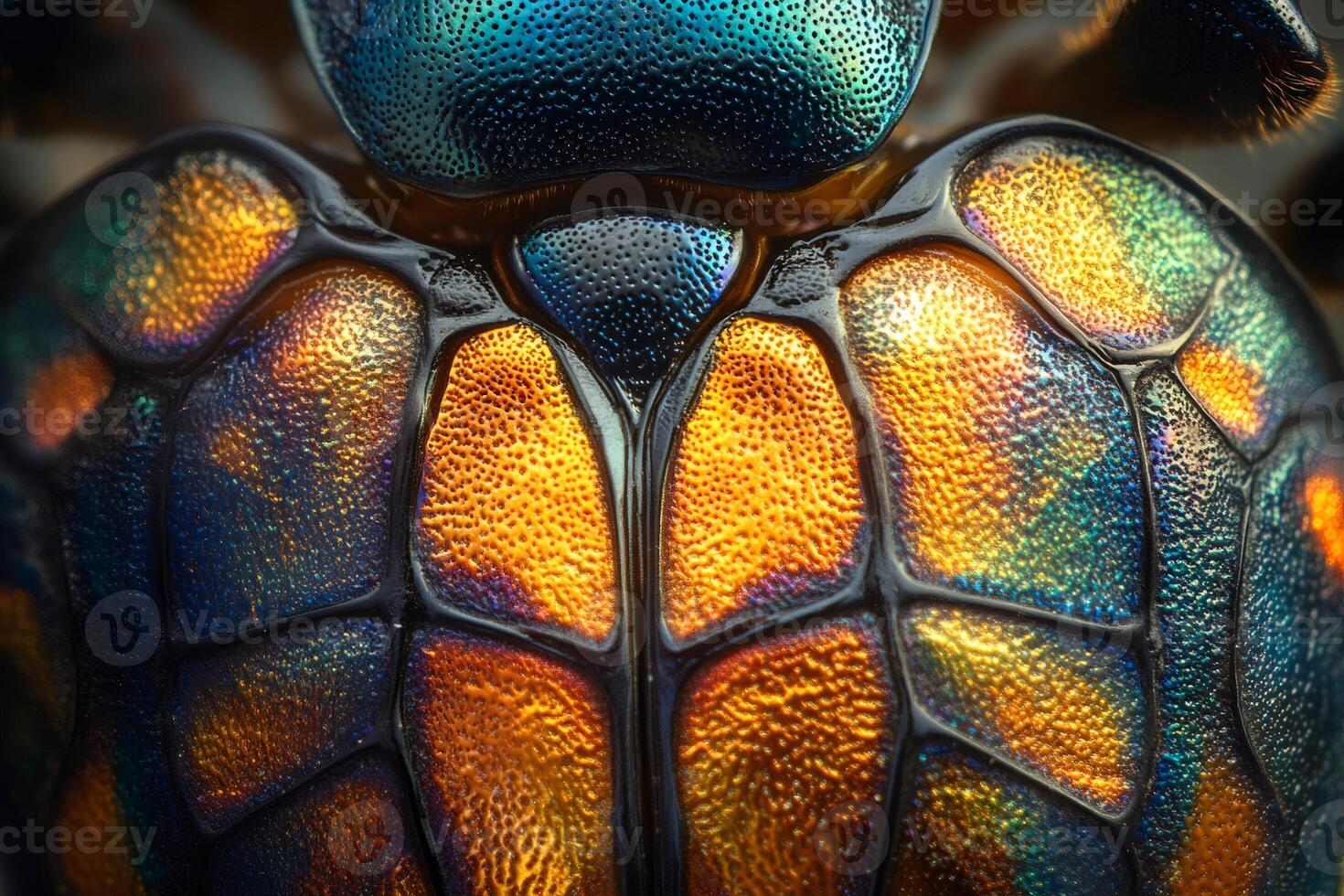 Metallic texture of a colorful dogbane beetle showing iridescent elytra and pronotum photo