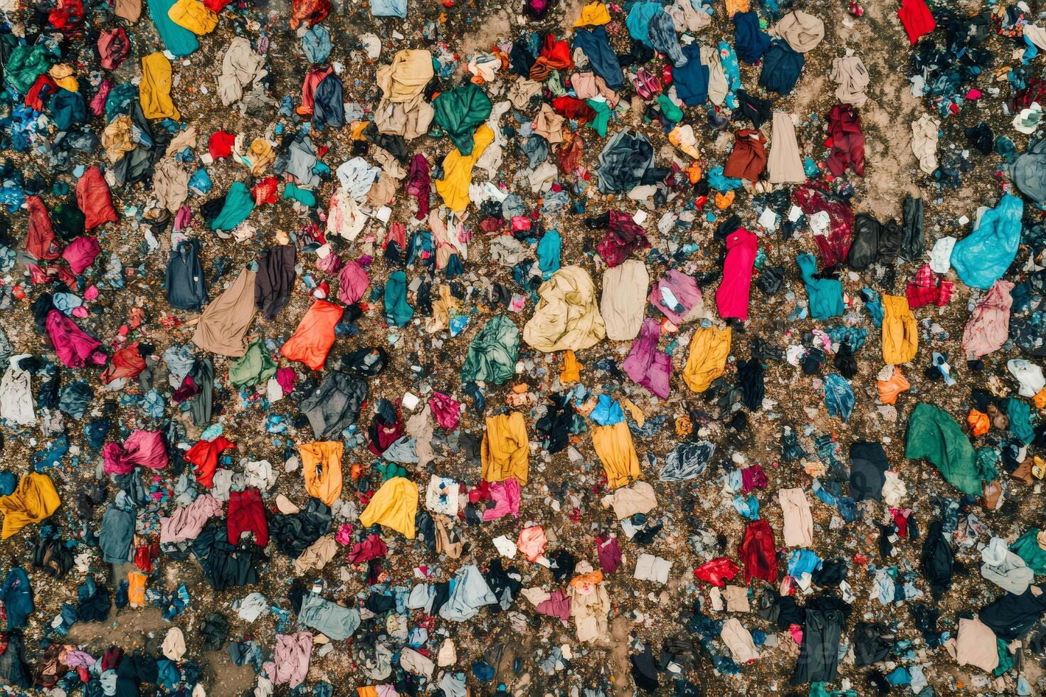 Aerial view of landfill overflowing with discarded clothing and textile waste photo