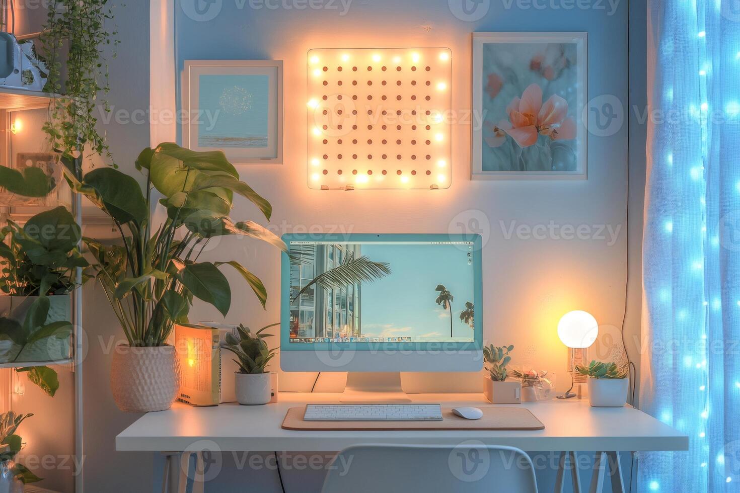 Cozy home office setup with tropical vibes and warm lighting photo