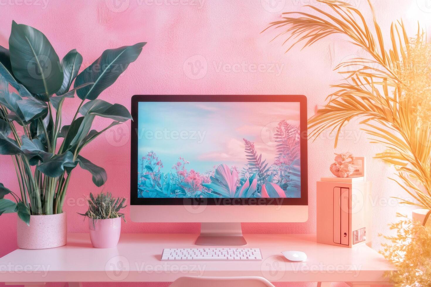 Modern pink home office setup featuring lush plants and vibrant tropical wallpaper photo
