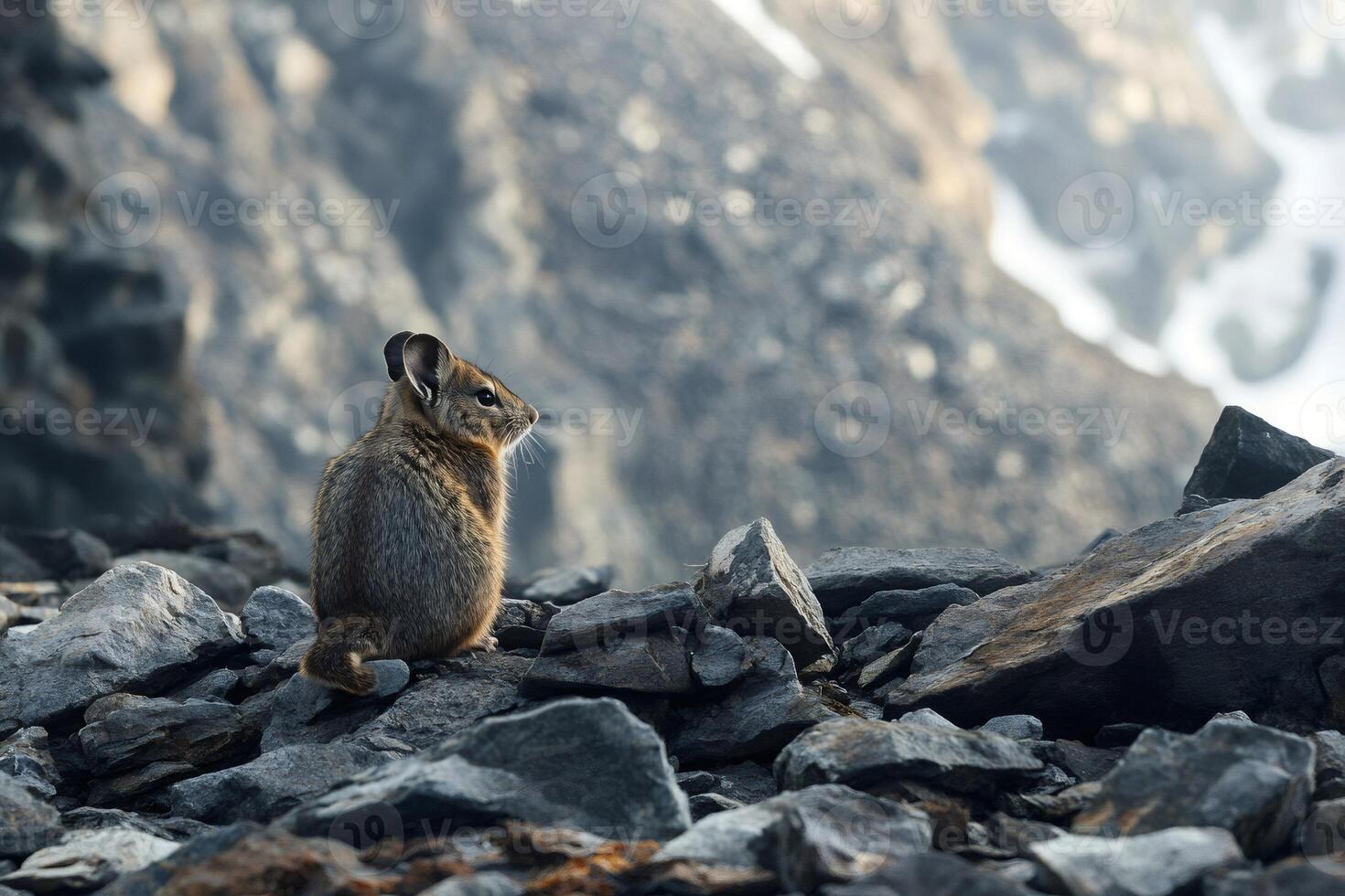 Wild collared pika observing mountain scenery from a rock photo