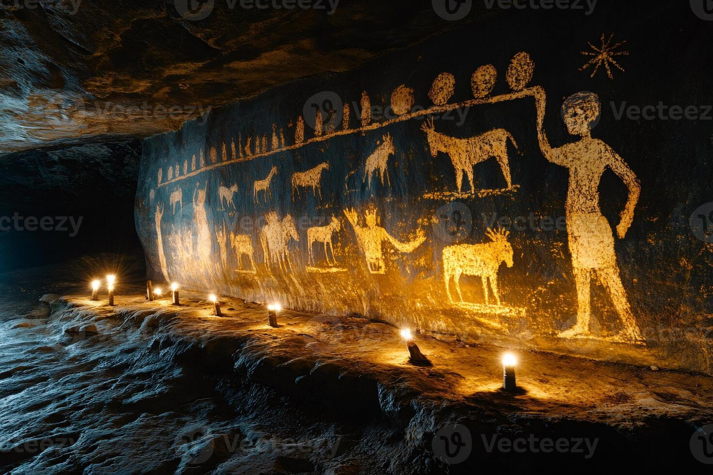 Petroglyphs depicting animals and human figures are illuminated by candles in a dark cave photo