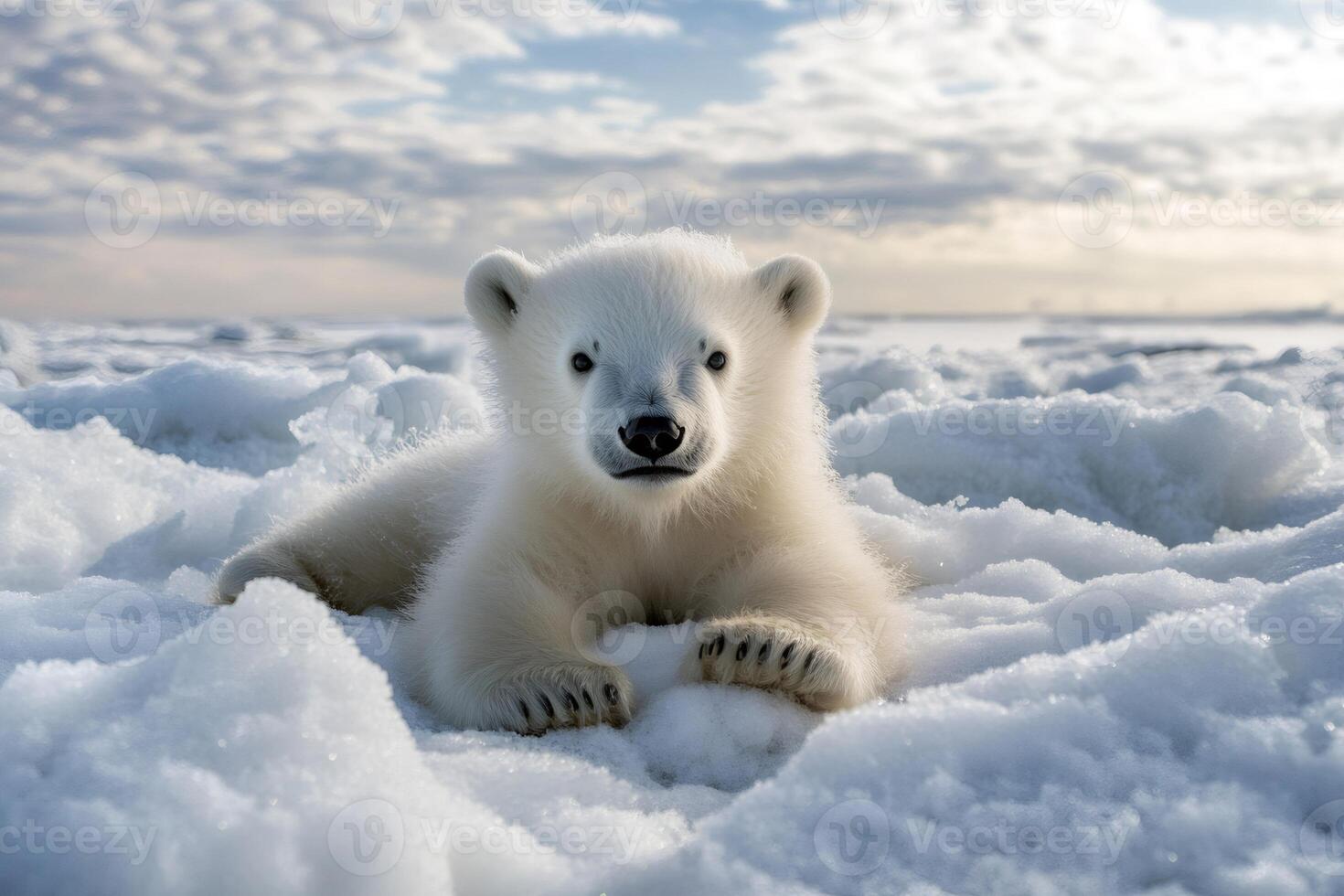 Polar bear cub relaxing on arctic ice in svalbard photo