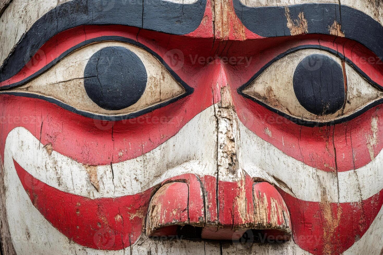 Close-up of traditional totem pole showing colorful carvings and native art photo