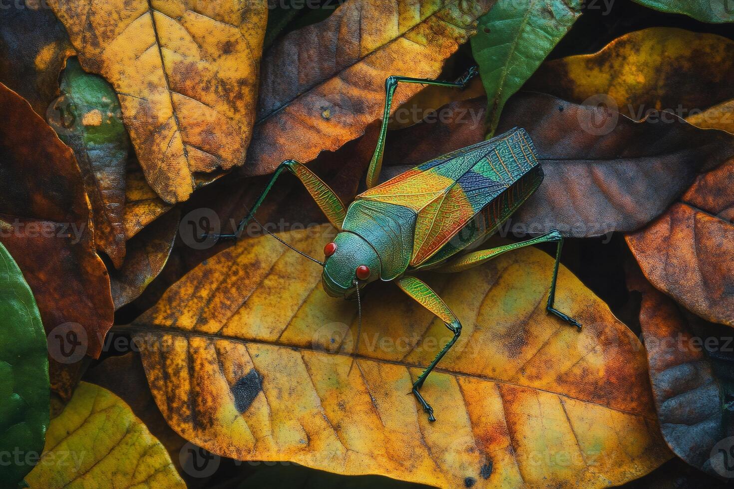 Colorful grasshopper standing on autumn leaves in the rainforest photo