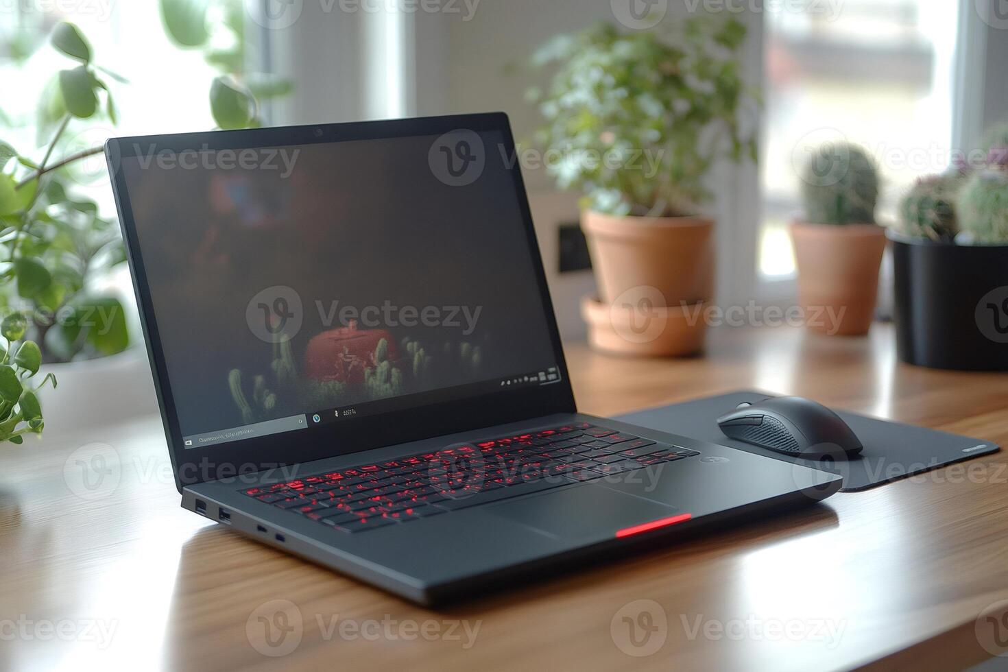 Modern laptop showing gaming interface and mouse on desk with plants photo