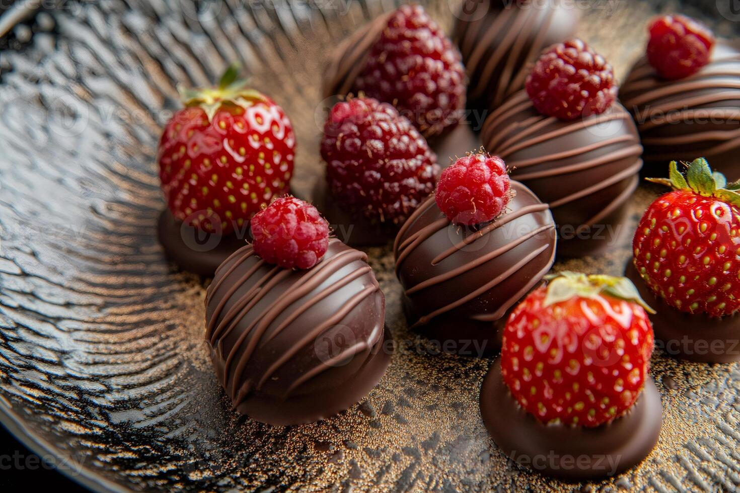 Delicious chocolate candies decorated with fresh raspberries and strawberries on elegant plate photo