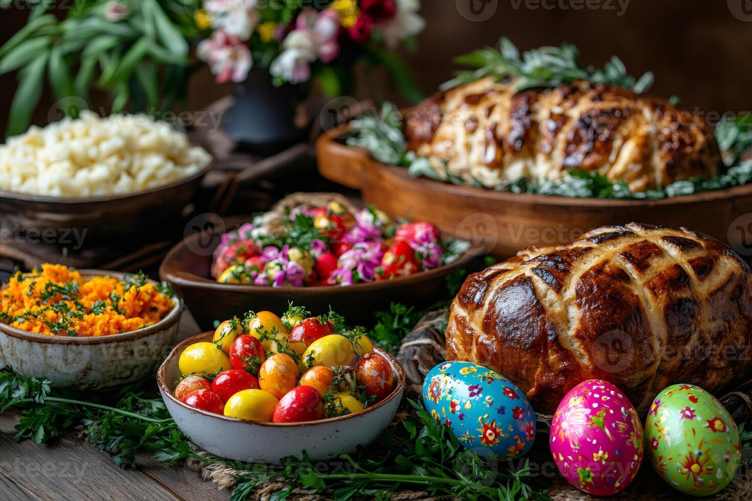 Easter festive table decorated with traditional food and colorful eggs photo