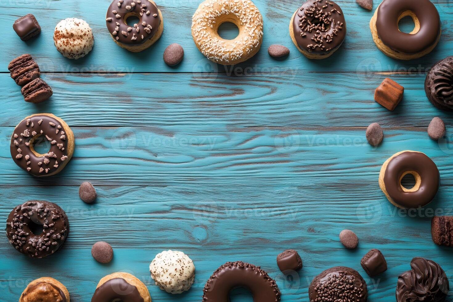 Delicious chocolate donuts and assorted pastries forming a frame on rustic turquoise table photo
