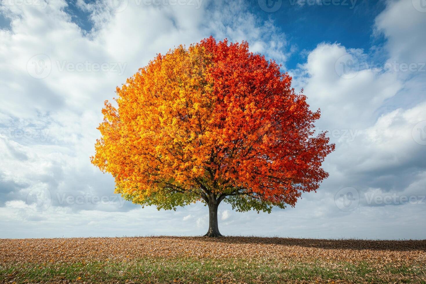 Lonely tree showing autumn colors in a dry field under cloudy sky photo