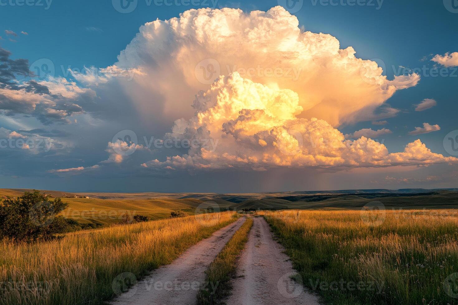 Gravel road leading to big white and orange cumulonimbus cloud at sunset in the american prairie photo