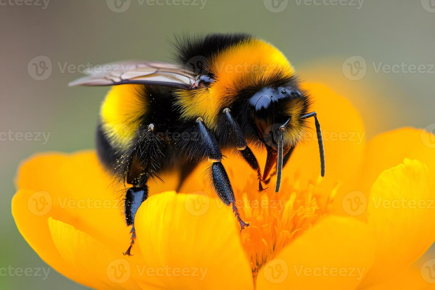Bumblebee pollinating bright yellow flower in summer meadow photo