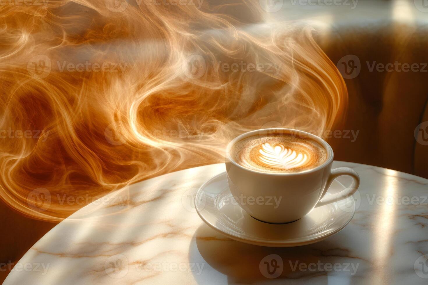Steaming cup of latte art coffee with golden smoke on marble table photo