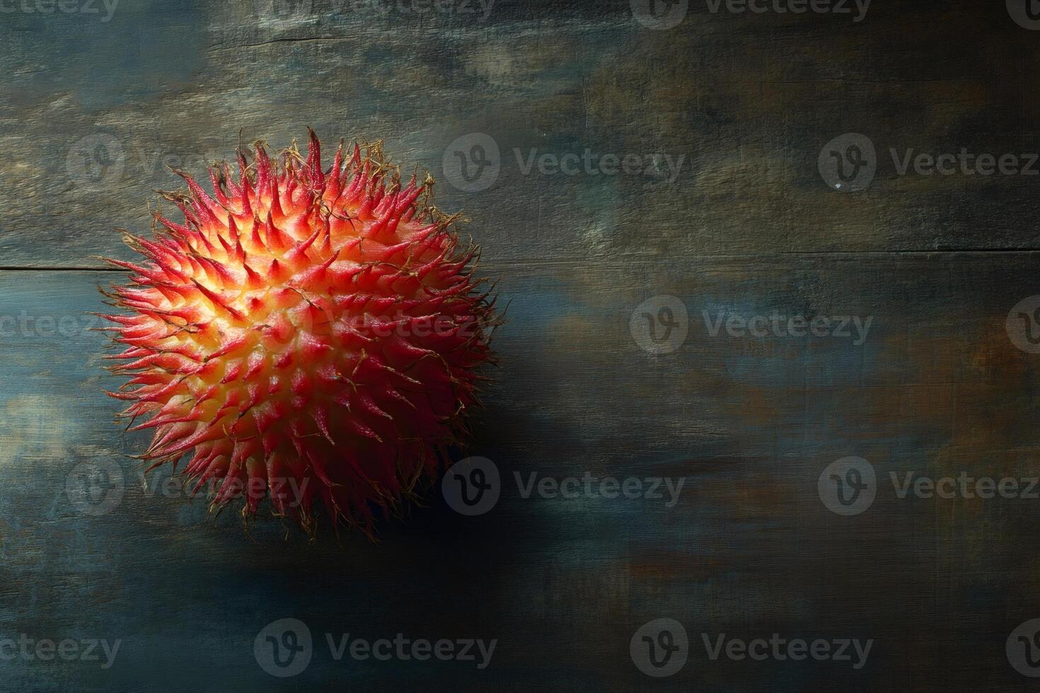 Fresh exotic rambutan fruit resting on rustic wooden table photo