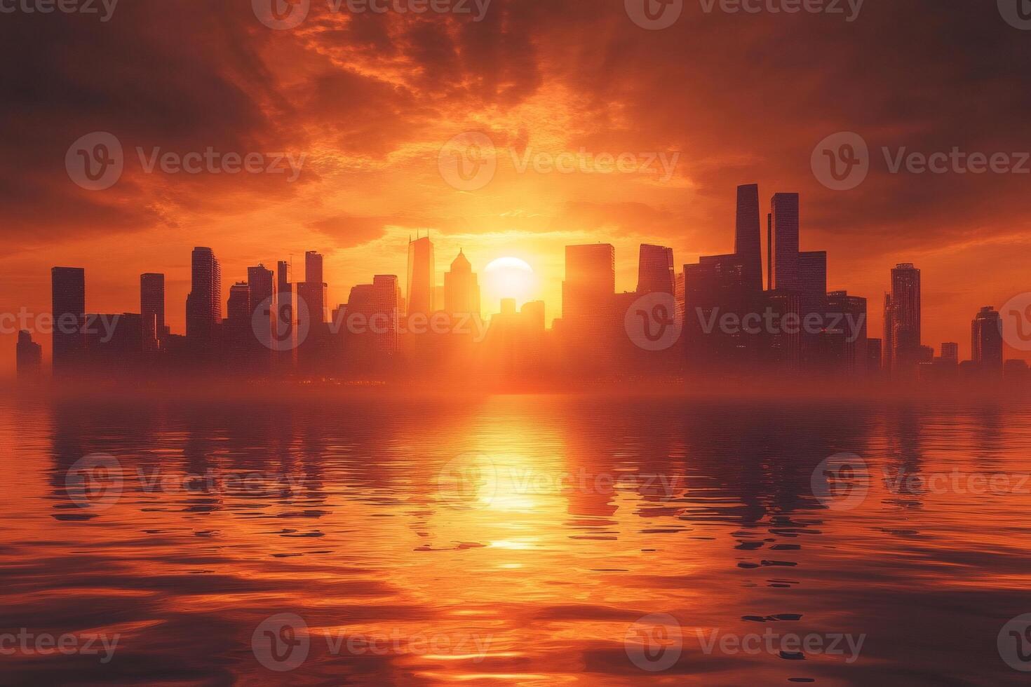 Skyline reflecting on water during amazing sunset over metropolis photo
