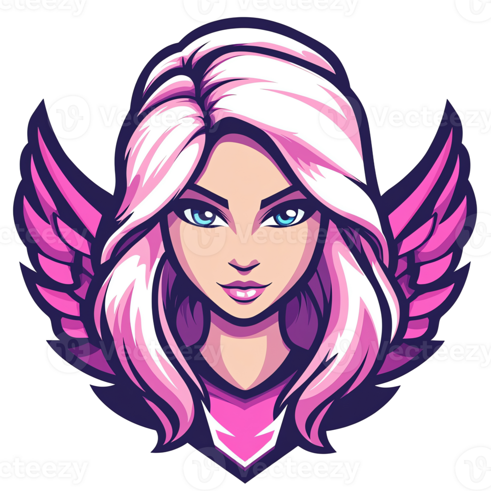 Pink haired winged female mascot logo for gaming on transparent background 100 200 characters png