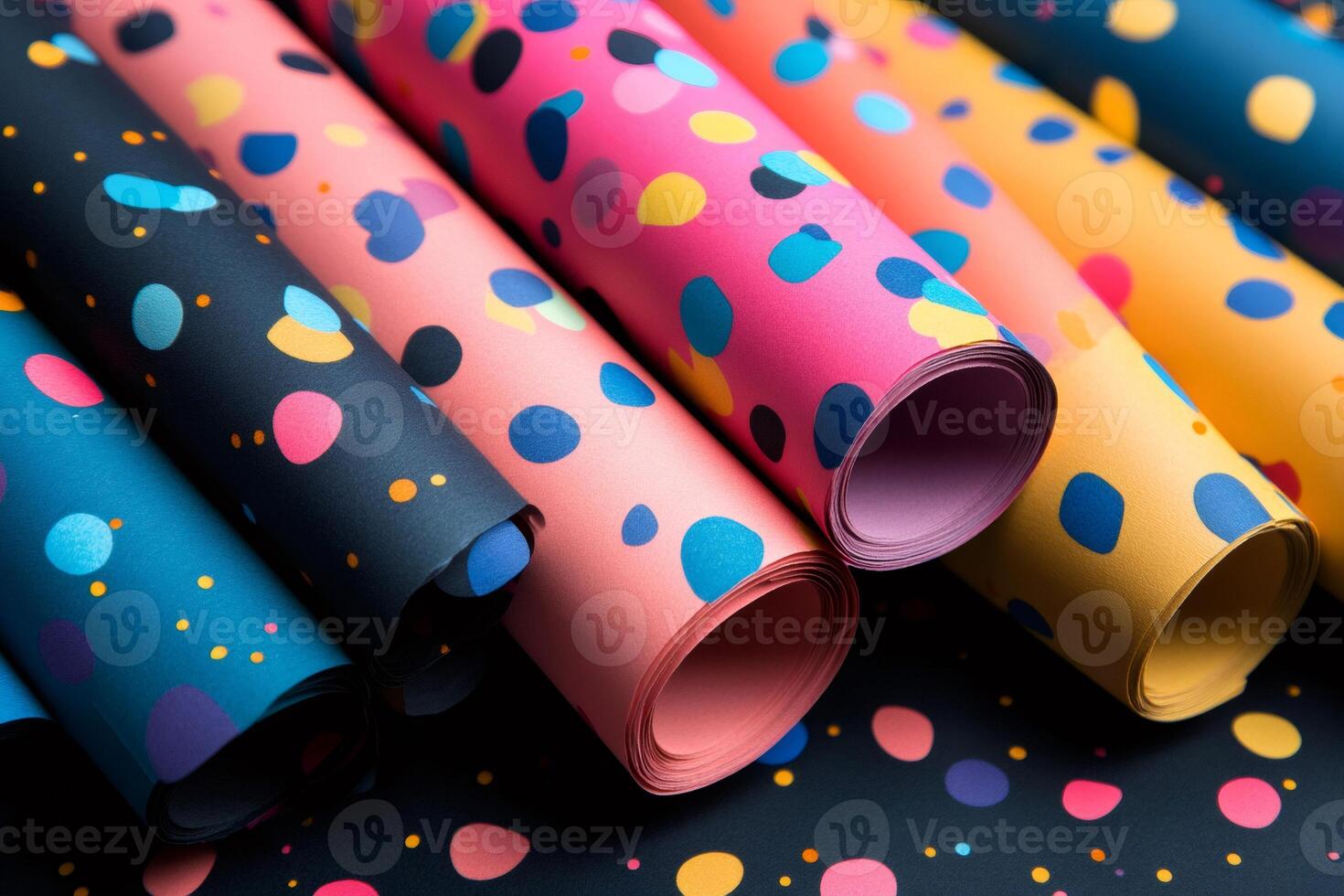 Colorful wrapping paper rolls showing playful polka dot pattern photo