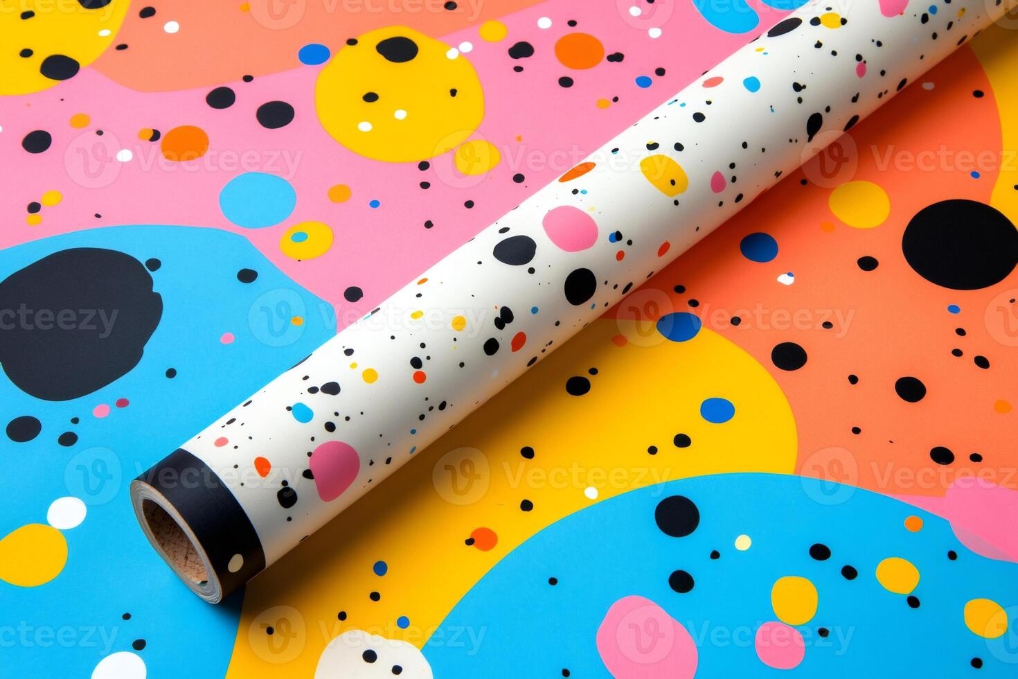 Wrapping paper roll showcasing vibrant paint splatter pattern photo