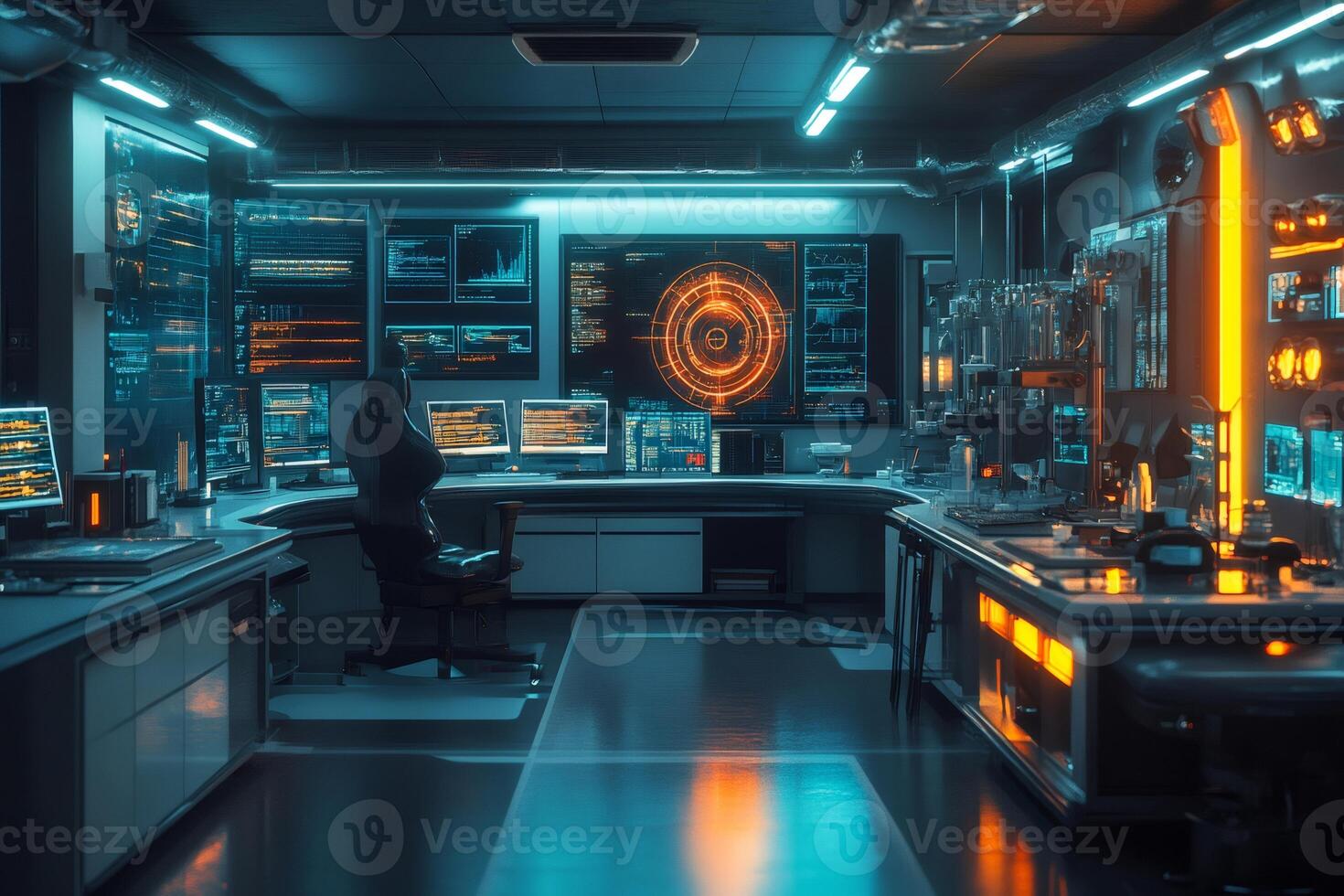 Futuristic cybersecurity control room monitoring global network activity photo