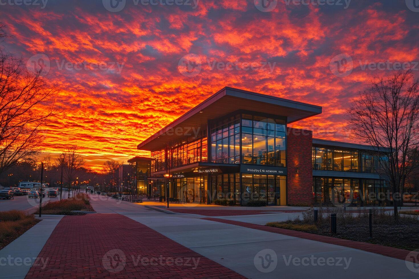 Modern building under a fiery sunset sky in suburban area photo