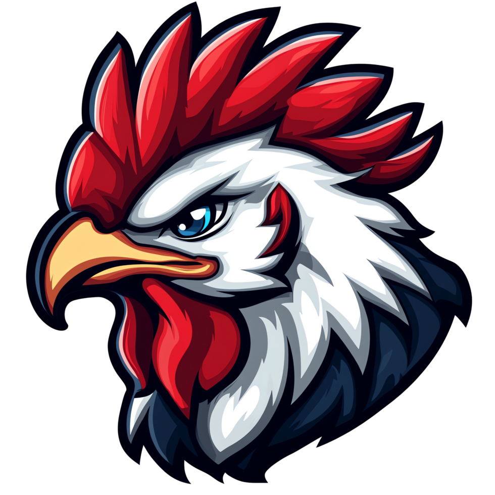 Rooster head with red comb and white feathers mascot on transparent background illustration png