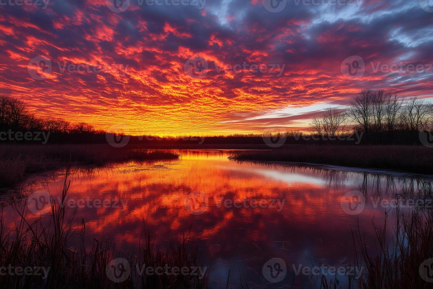 Fiery red sunset reflecting on calm lake water with reeds and bare trees photo