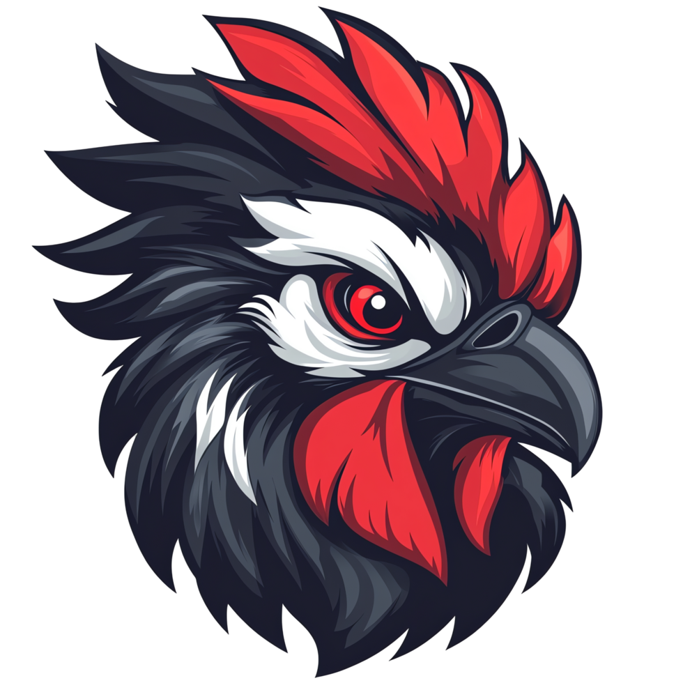 Stylized rooster head with red and white feathers detailed digital artwork on transparent background png