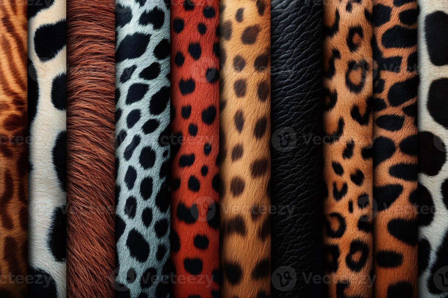 Colorful wild animal skins showing fur and spots patterns photo