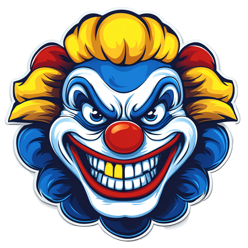 Terrifying grinning clown with menacing eyes and colorful makeup on transparent background png