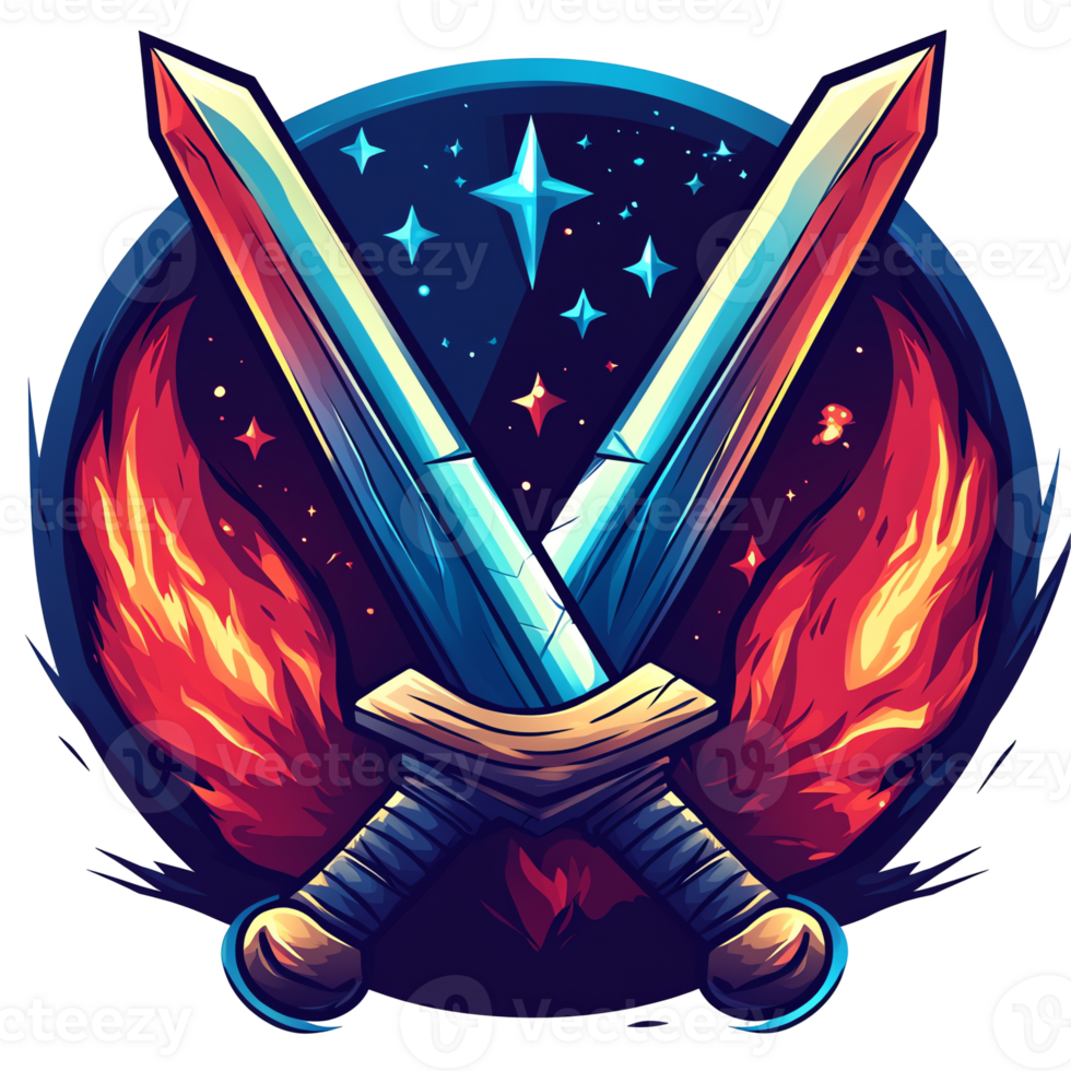 Illustration - Crossed Swords, Fire, Stars, and Space Background png
