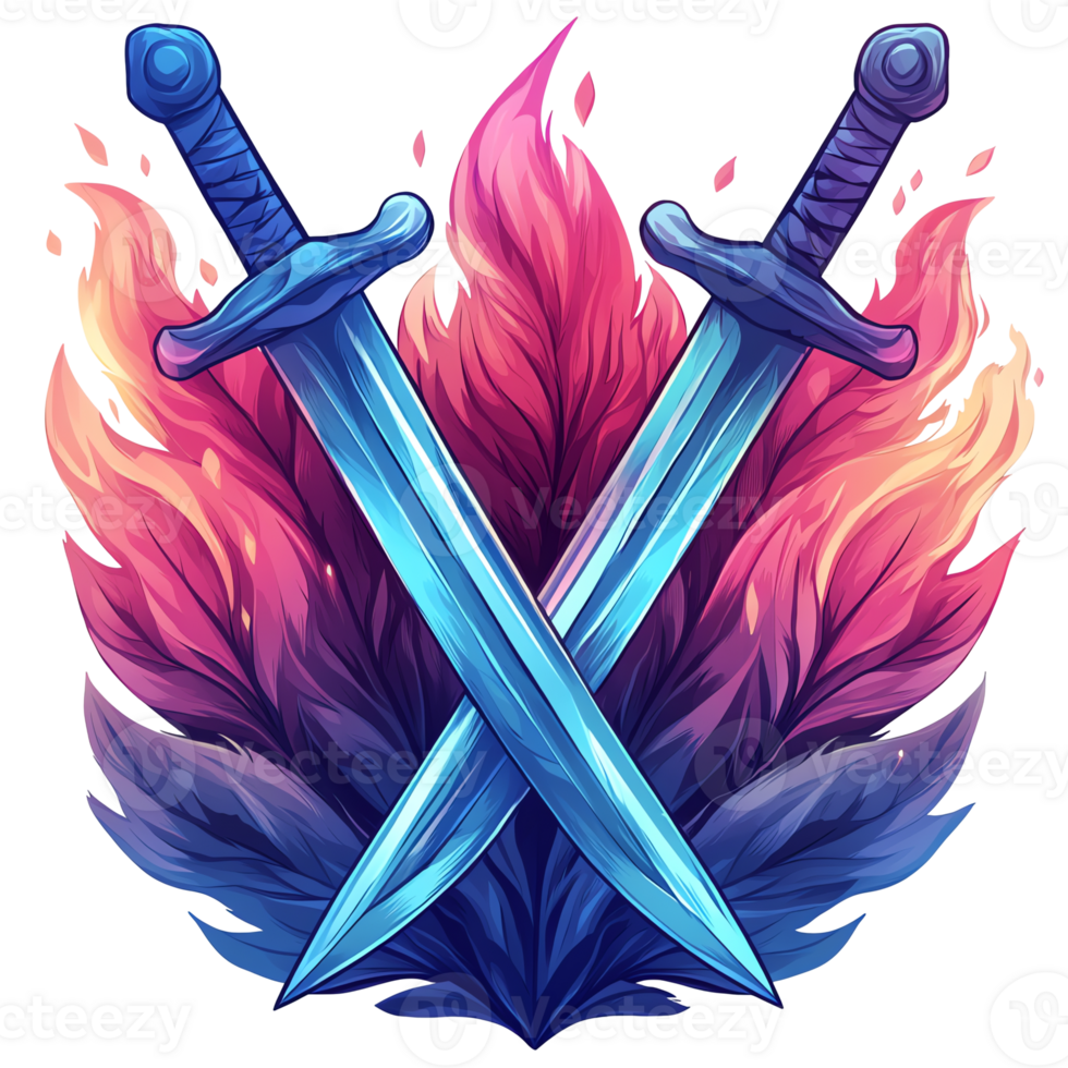 Illustration of two crossed blue swords with fire background for fantasy or combat theme png