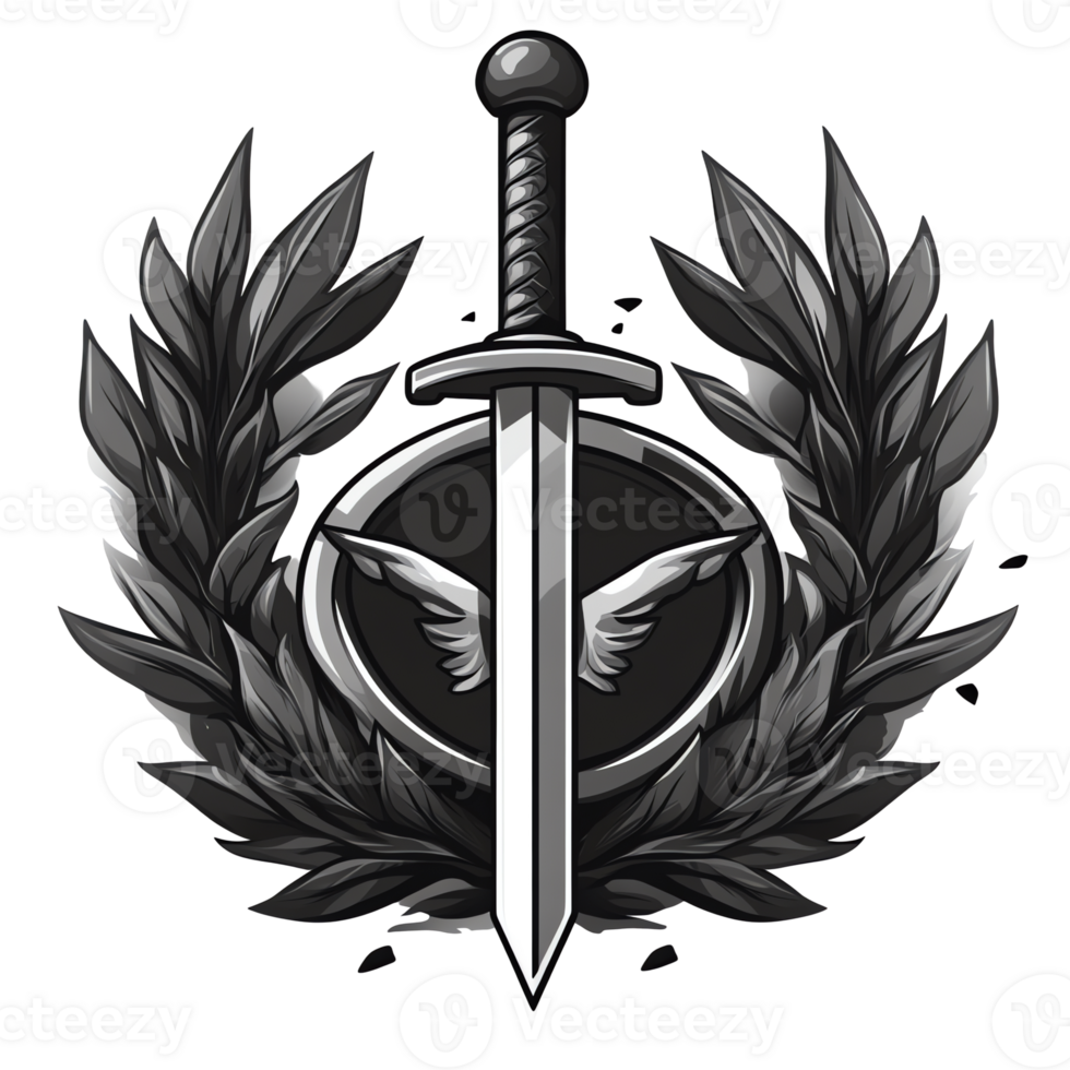 Grayscale sword and wreath emblem on transparent background a symbol of honor and achievement png