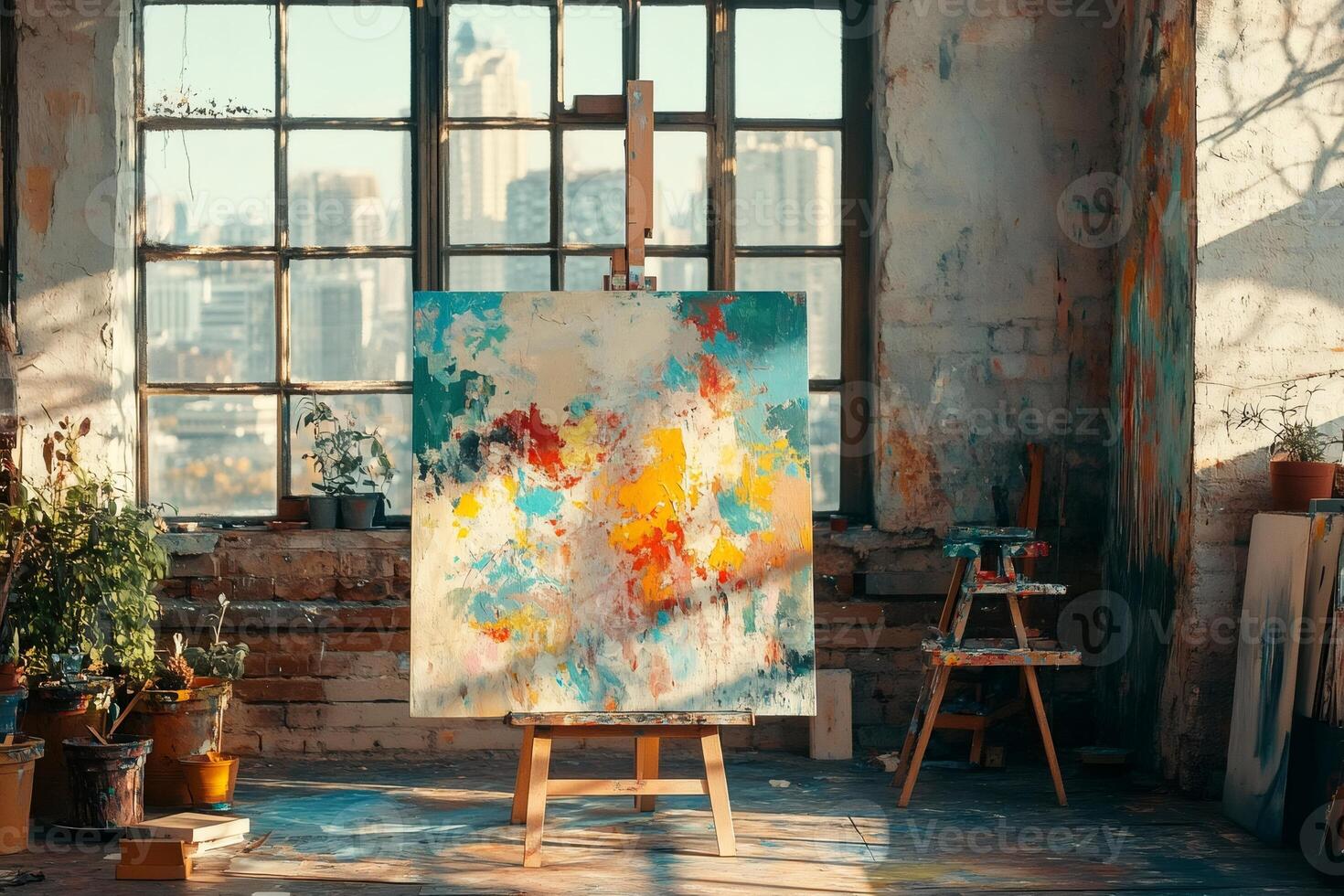 Colorful abstract painting drying on easel in art studio with city view photo